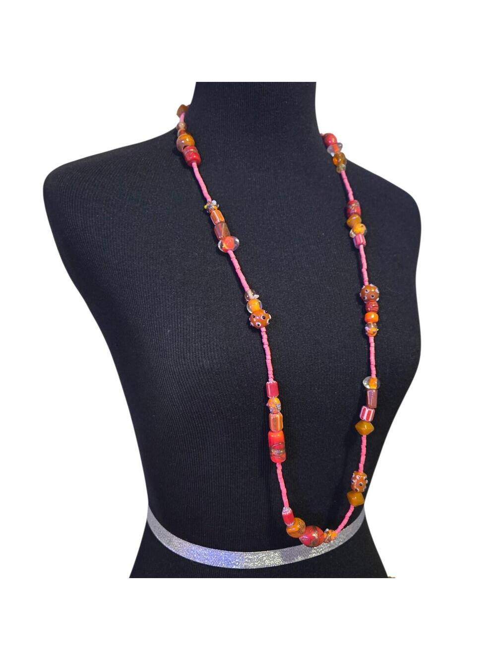 Handmade Lampwork Glass Bead Necklace Pink Seed Bead Strand Boho Artisan, EUC
